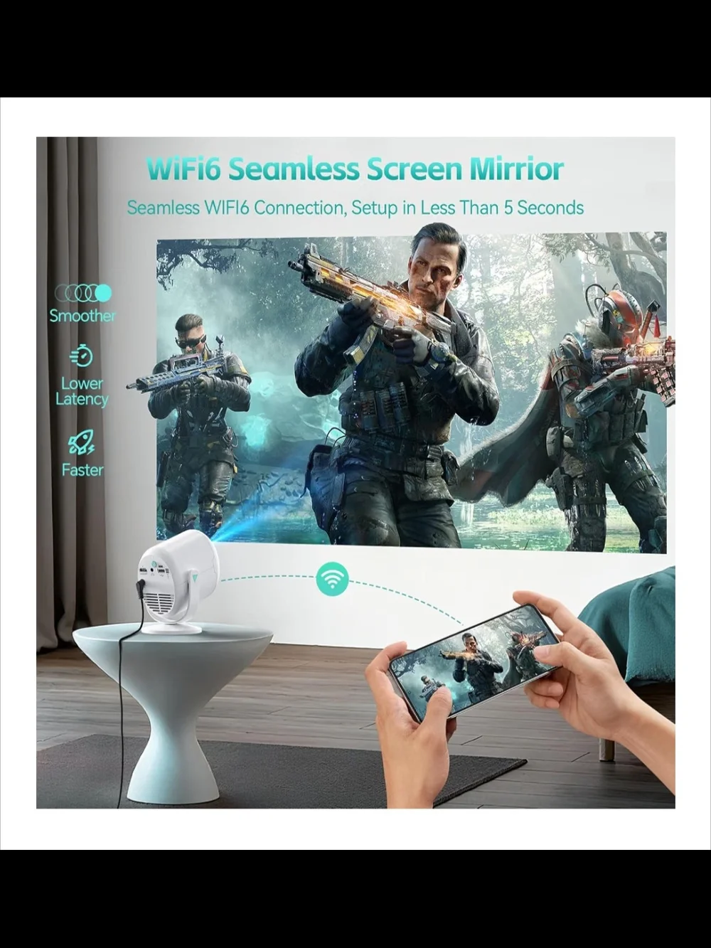 White Mini Projector for Home Theater - Portable Wireless Bluetooth